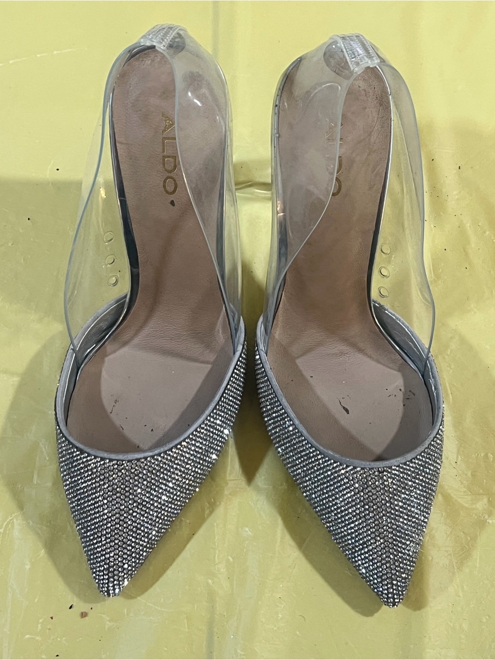 Aldo Silver Rhinestone Pointed-Toe Slingback Heels A2
